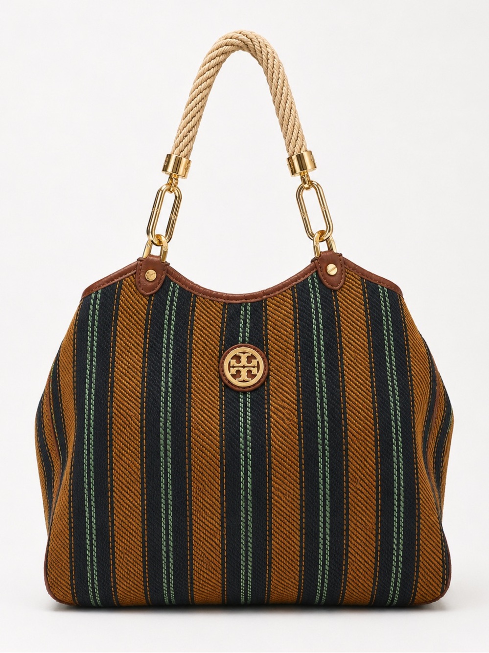 Tory Burch Mexico Stripe Channing Tote Blue Natural Woven Rope Handle Bag